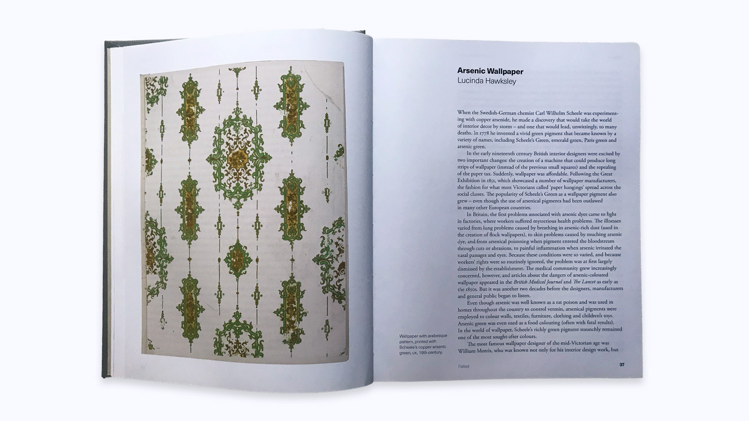 A spread from Extinct: A Compendium of Obsolete Objects shows a photo of a patterned arsenic-laced wallpaper