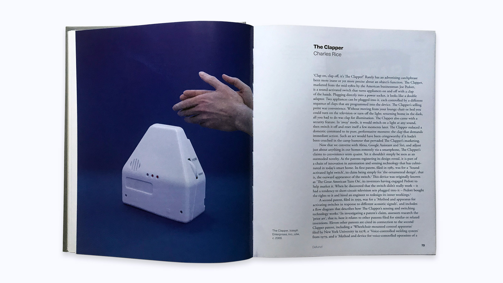 A spread from Extinct: A Compendium of Obsolete Objects shows a photograph of hands clapping over a Clap on Clap off device from the 1990's with a blue background