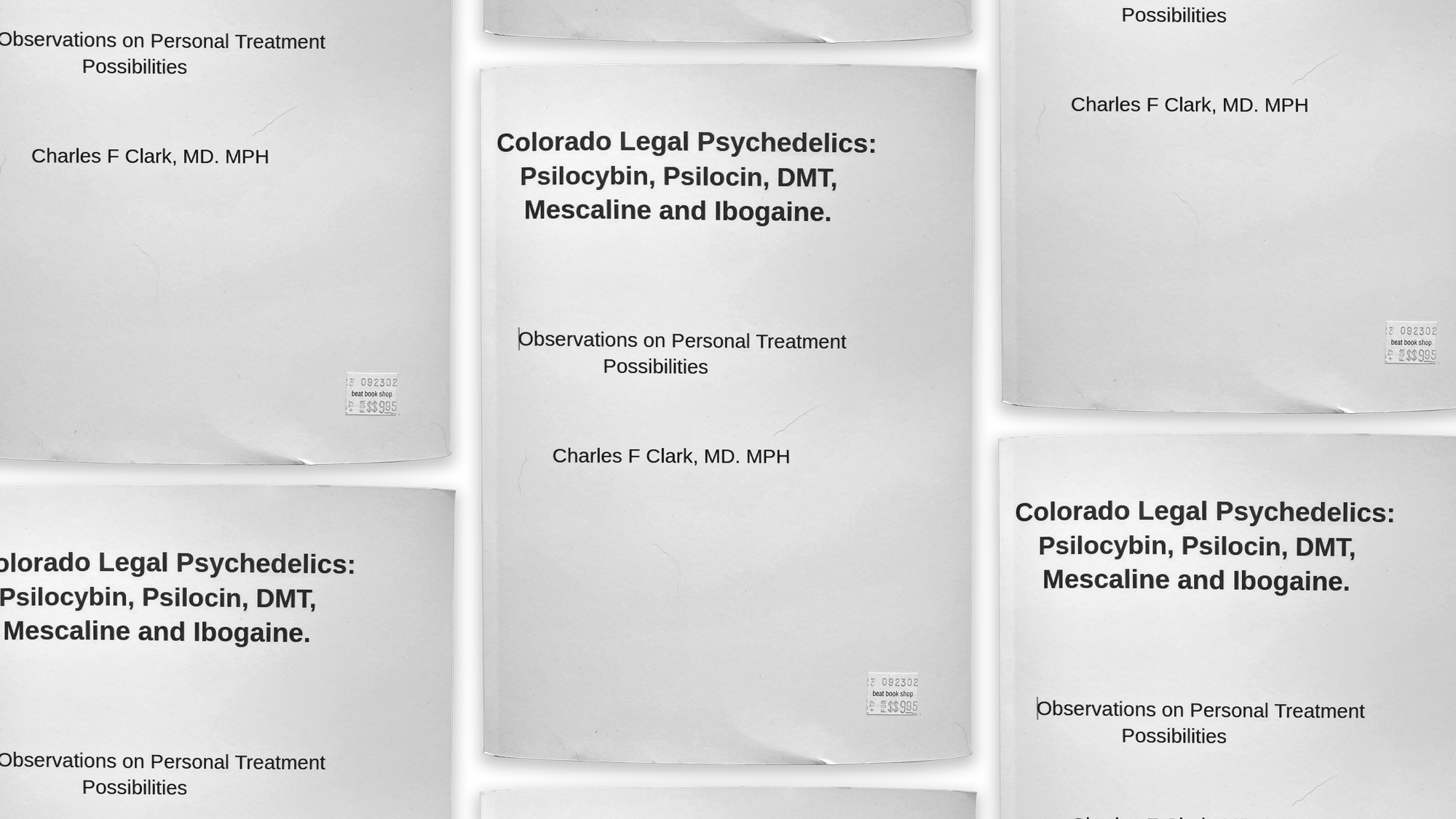 The plain white cover of the scientific pamphlet titled Colorado Legal Psychedelics: Psilocybin, Psilocin, DMT, Mescaline and Ibogaine. Observations on Personal Treatment Possibilities