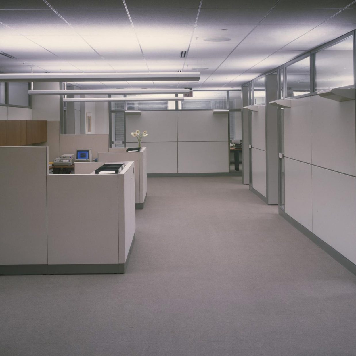 Photo of the interior of a 1990s carpeted office with harsh lighting and cubicles