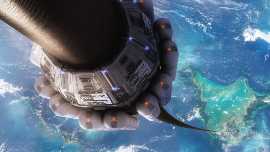 A concept illustration for a space elevator shows a futuristic looking capsule in space connected to the blue planet by a very long cable