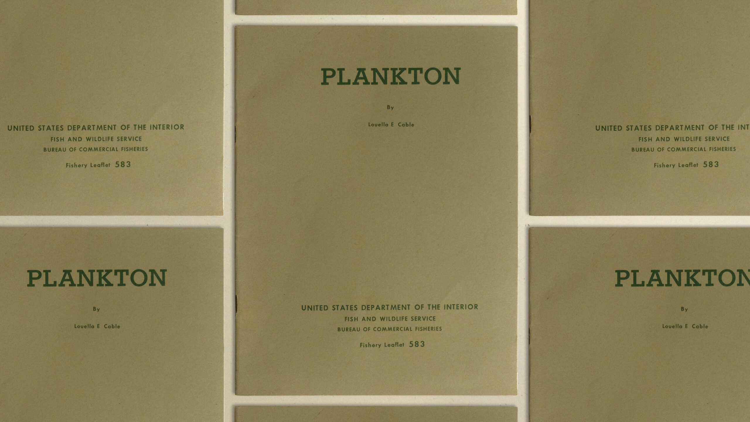 The cover of 1966 Plankton report by the US Dept of Interior, green paper with even greener slab serif all caps title PLANKTON, repeated book in a pattern
