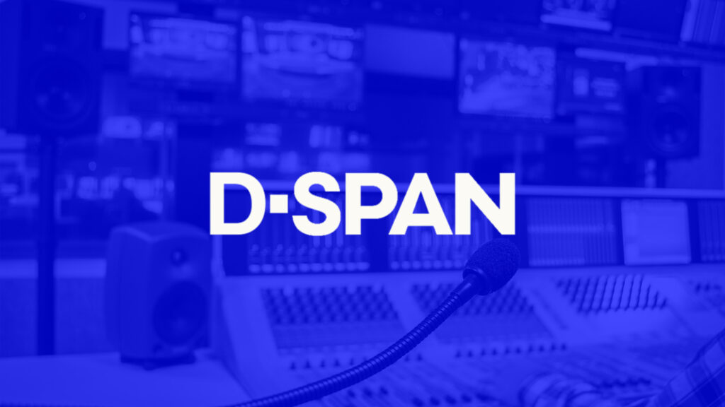 The white D-SPAN logo sits atop a bright blue overlay of a tv studio photo
