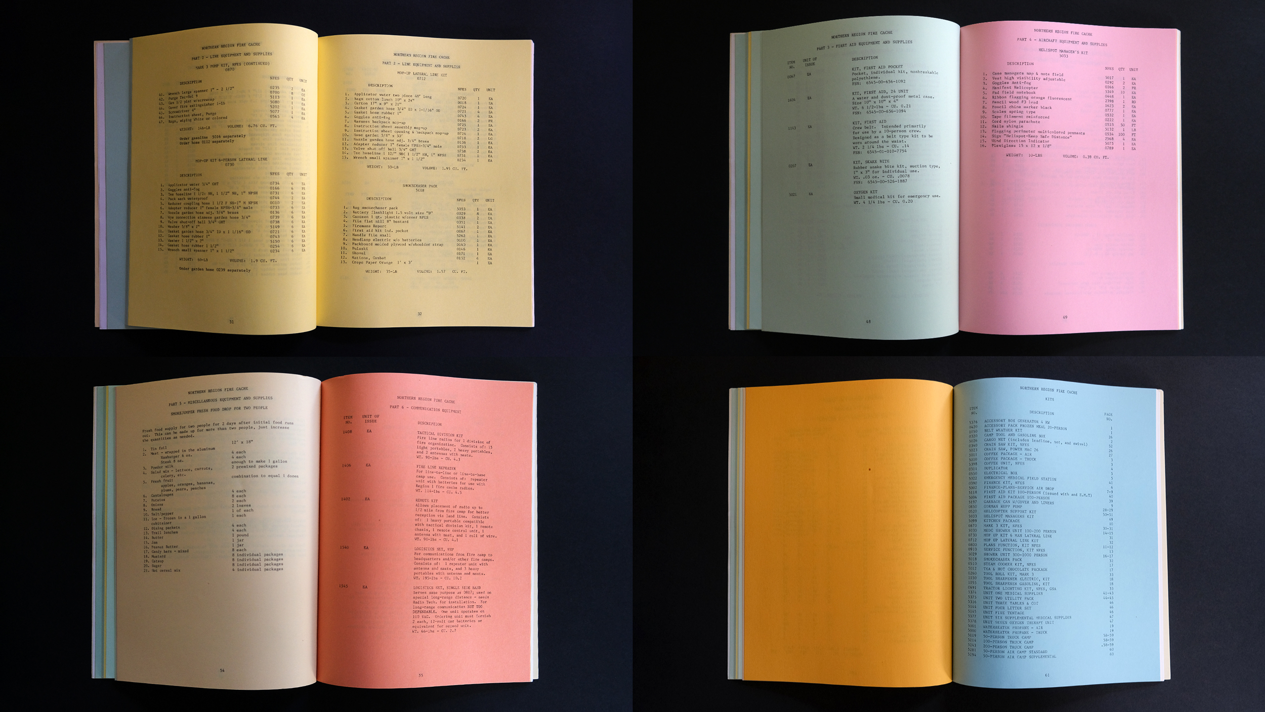 A rainbow of pages celebrate regional fire cache manifests inside US Forest Service Region One Fire Cache Fire Equipment Catalog (1983) by the US Forest Service
