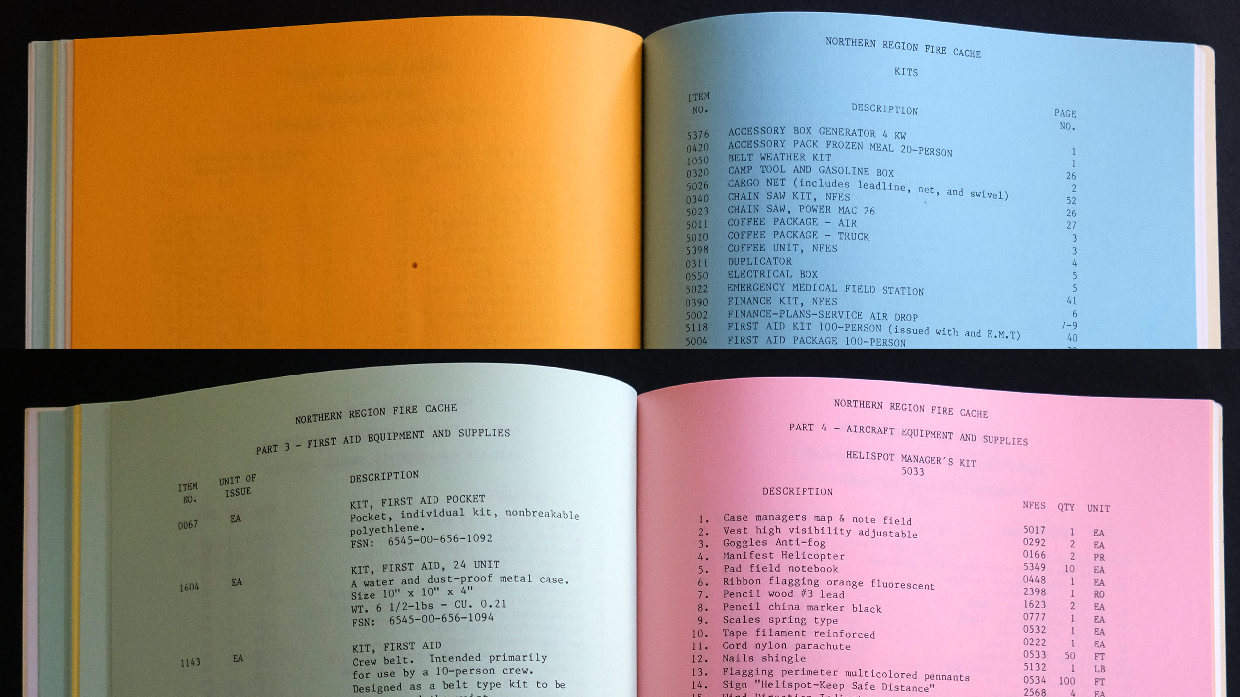 A rainbow of pages celebrate regional fire cache manifests inside US Forest Service Region One Fire Cache Fire Equipment Catalog (1983) by the US Forest Service