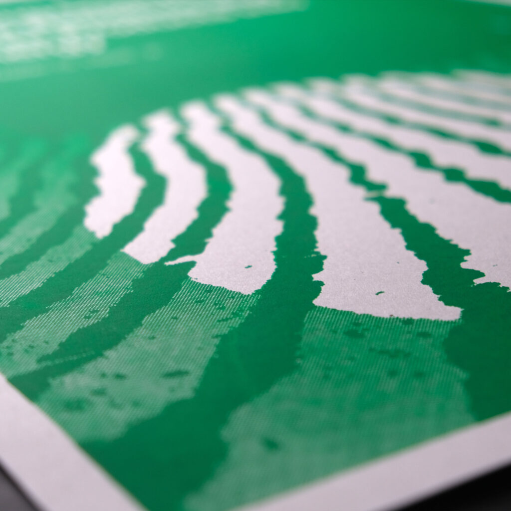 A green ink silkscreen poster of a vintage gov report cover titled Turning Great Plains Crop Residues and Other Products into Energy