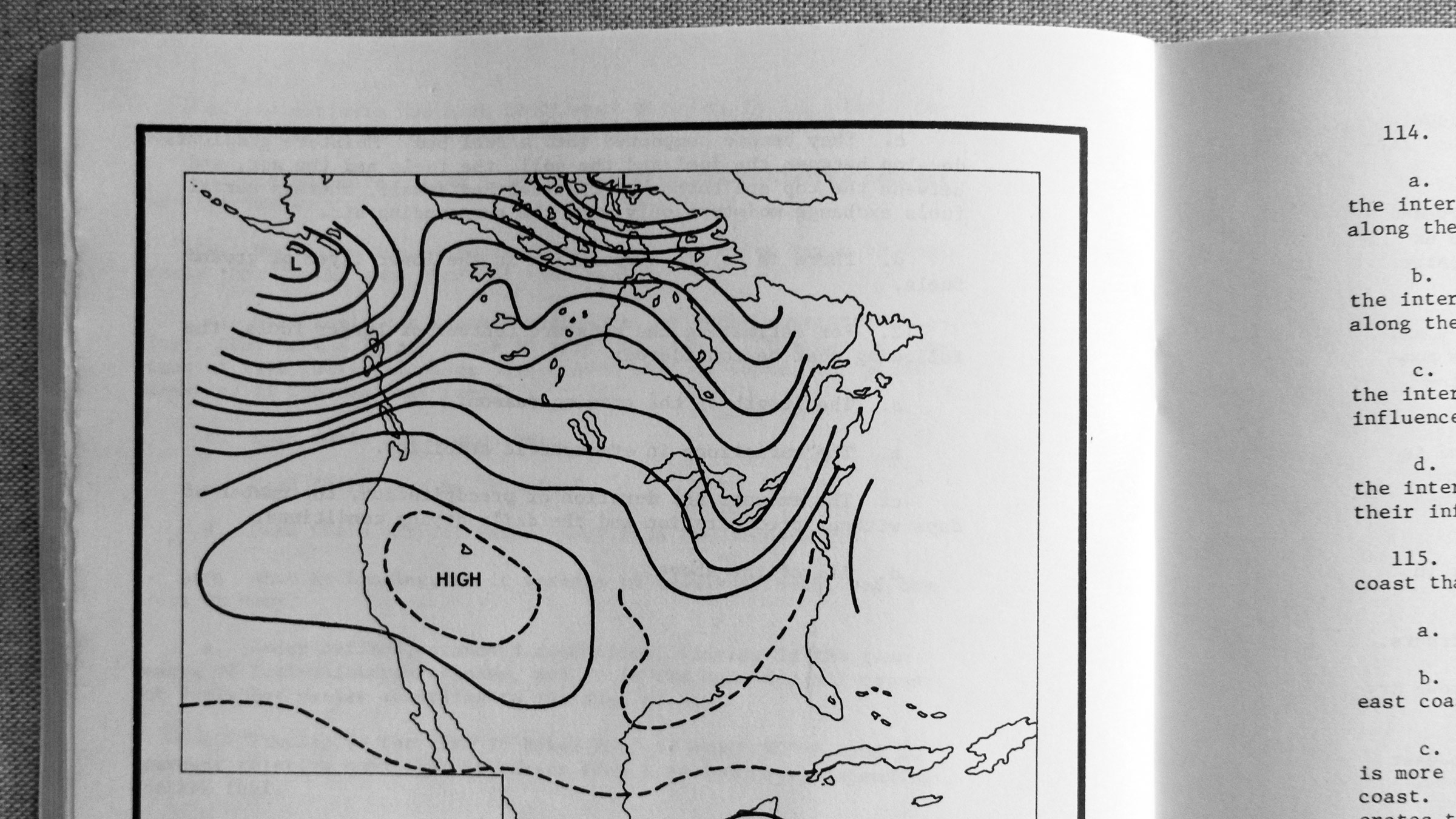 A pressure system chart over a map of the continental US provides the reader with a sense of calm and wonder in Learning Fire Weather: A Self-Study Course (1974) by the US Forest Service