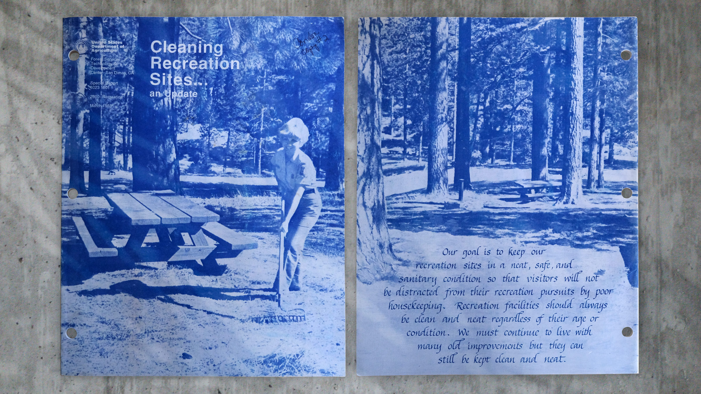 Cleaning Recreation Sites...an Update by the US Forest Service, Technology Department (March, 1988) - Bright blue photo of woman raking a park on light blue booklet
