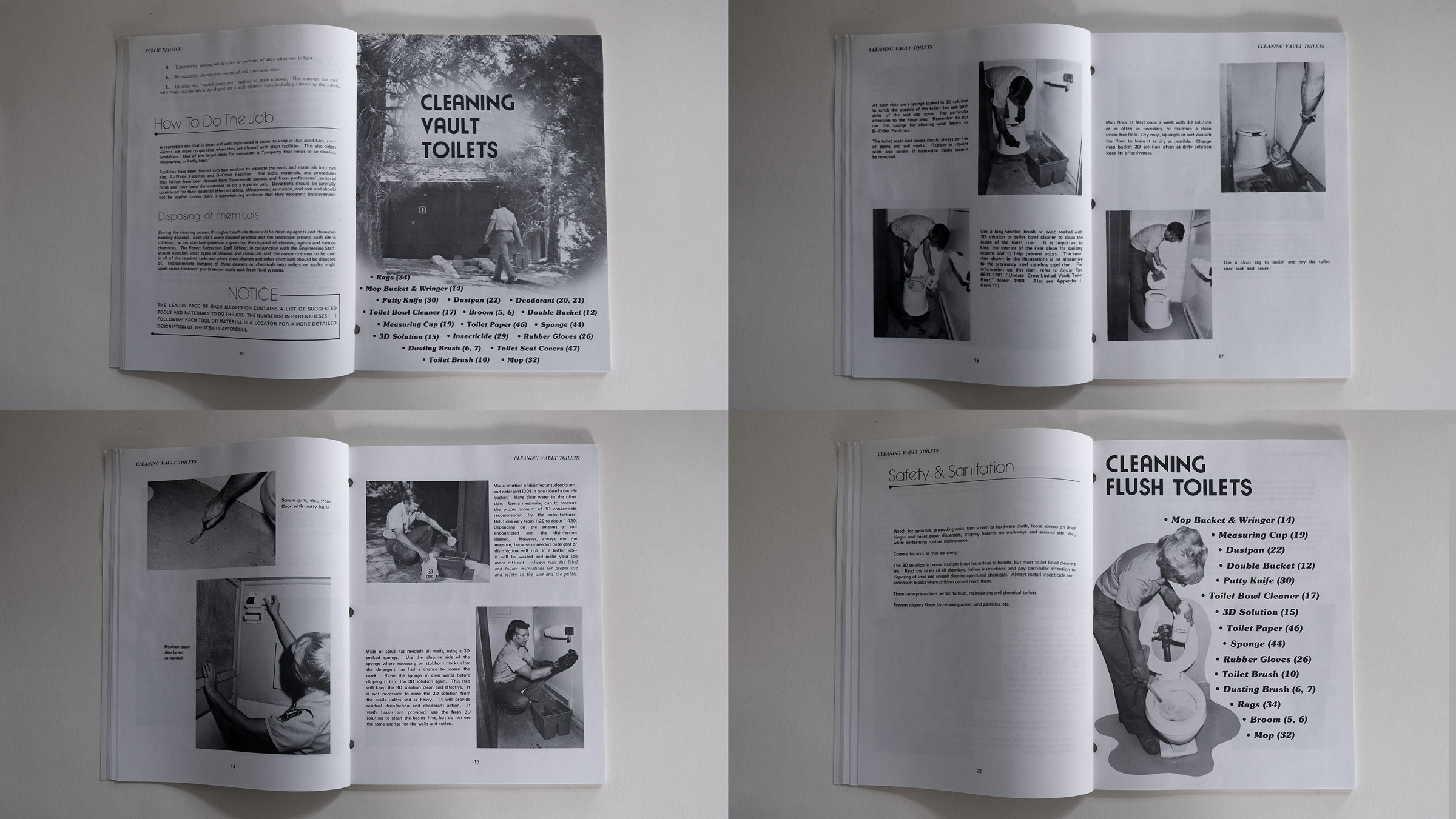 Various spreads demonstrate important toilet cleaning techniques in Cleaning Recreation Sites…an Update by the US Forest Service, Technology Department (March, 1988)