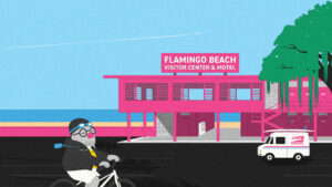 An illustrated scene unfolds before us: pokey the pigeon is wearing a dark hoodie, a yellow vest underneath, a tie, and a blue lanyard that is blowing in the wind behind him as he cruises on a bicycle across the page from left to right. he is biking past a flamingo pink visitor center on florida bay that sits on a large parkinglot under an oak tree covered in spanish moss. a flamingo beach postal service truck with a surfboard on top sits in the parkinglot under the slow, calm, lazy florida sun. a blue sky has nothing but a distant dot, a white airplane flying off to some unknown land.