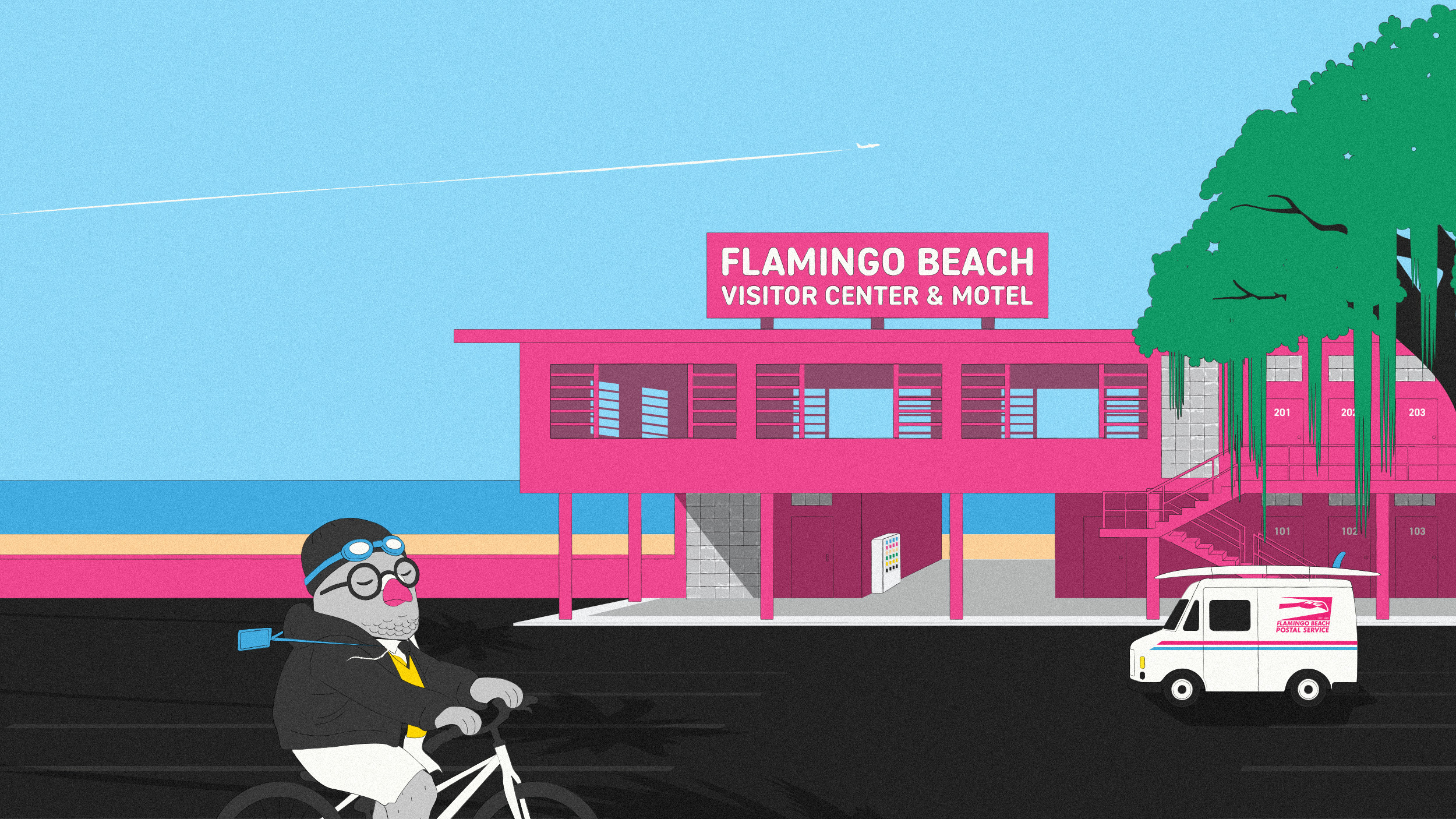 An illustrated scene unfolds before us: pokey the pigeon is wearing a dark hoodie, a yellow vest underneath, a tie, and a blue lanyard that is blowing in the wind behind him as he cruises on a bicycle across the page from left to right. he is biking past a flamingo pink visitor center on florida bay that sits on a large parkinglot under an oak tree covered in spanish moss. a flamingo beach postal service truck with a surfboard on top sits in the parkinglot under the slow, calm, lazy florida sun. a blue sky has nothing but a distant dot, a white airplane flying off to some unknown land.