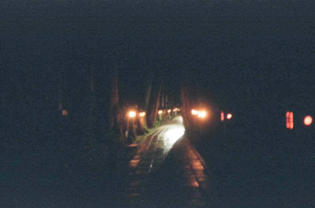 A dark, lantern-lit pathway winds through an ancient holy mountain cemetery at night