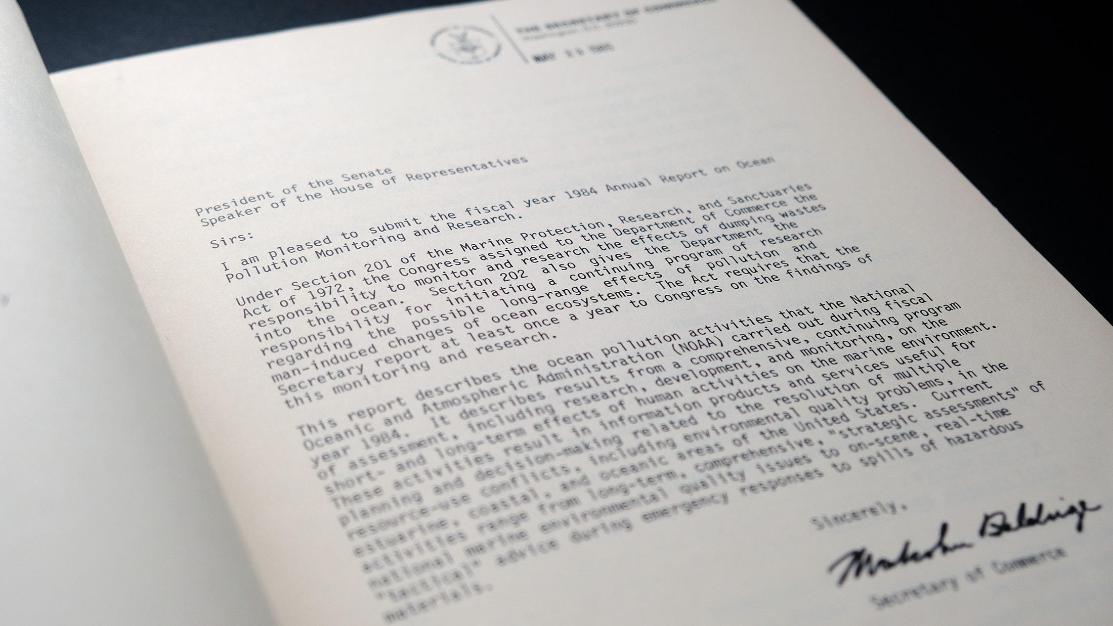 Interior page showing letter from the Commerce Secretary for Report to the Congress on Ocean Pollution, Monitoring, and Research: October 1983 through September 1984