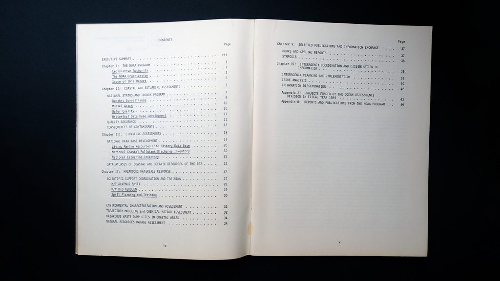 TOC for Report to the Congress on Ocean Pollution, Monitoring, and Research: October 1983 through September 1984