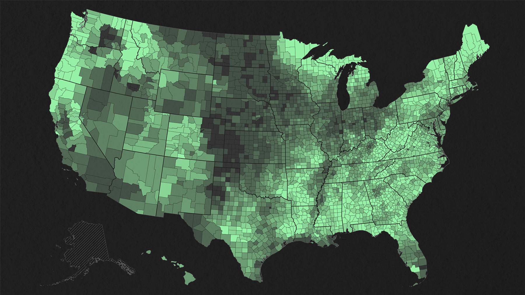 a map of the us showing forest cover by county, green on dark